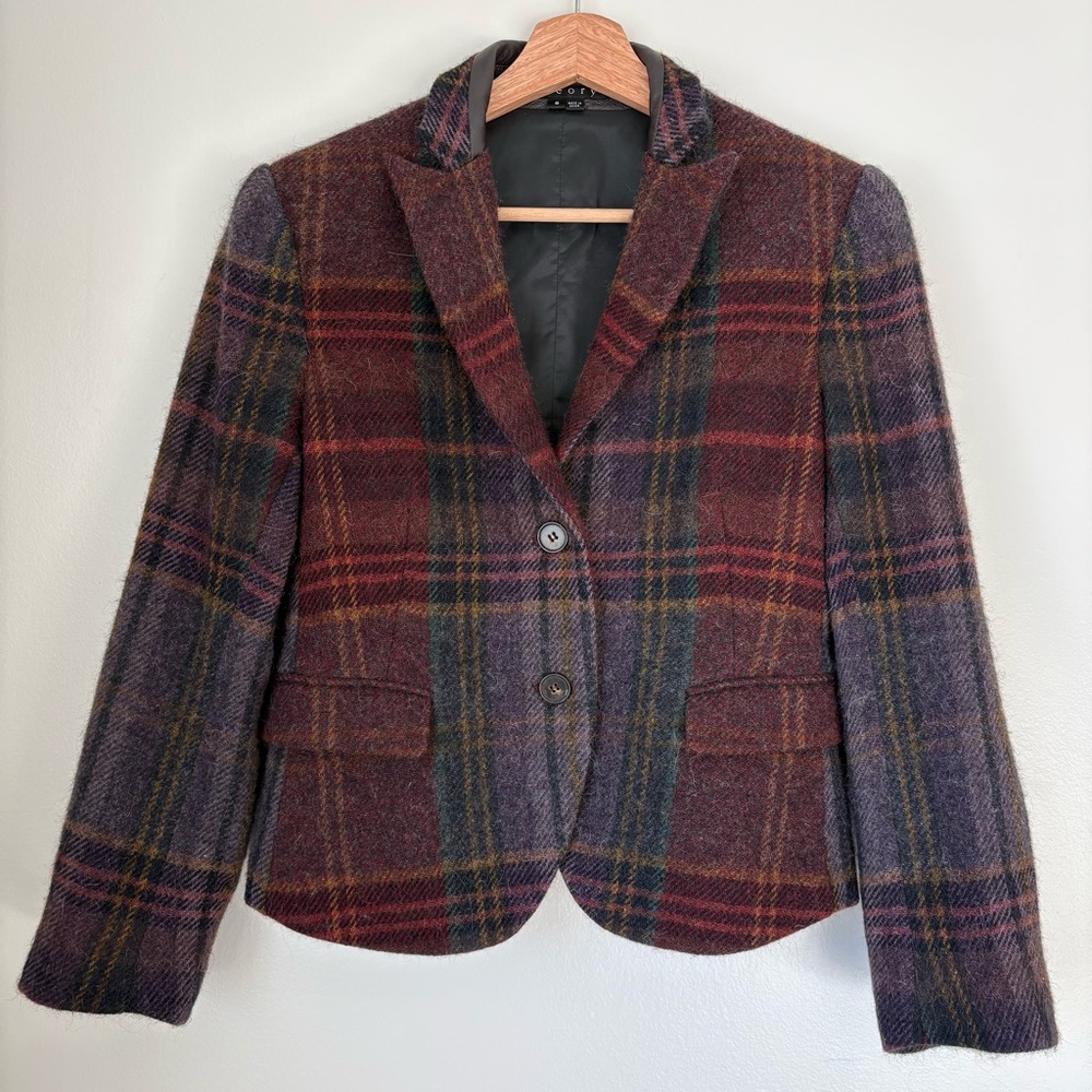 Theory Shamara Plaid Lambswool and Alpaca Blazer with Leather Trim